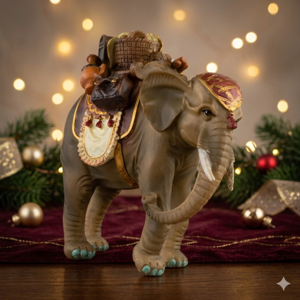 Handbemalte Krippenfigur Elefant mit Gepäck, ca. 13,5 cm, K 081